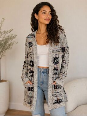 Aztec Open-Front Hooded Cardigan Sweater - Gray